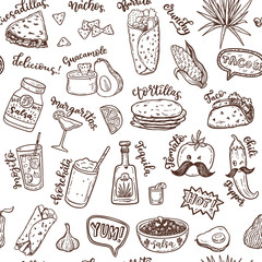Seamless vector pattern with hand drawn Mexican food.