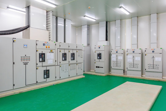 Electrical energy distribution substation in a new factory plant, Industrial electrical switch panel