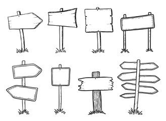 Hand drawn illustration of doodle wood road signs and arrows