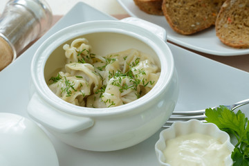 Meat dumplings with dill and sauce