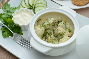 Meat dumplings with dill and sauce