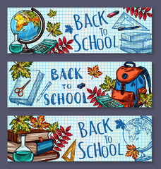 Back to School sketch stationery vector banners