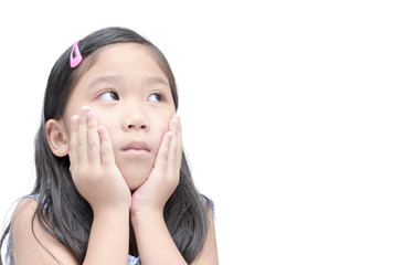 asian sad girl  looking up and thinking isolated on white background