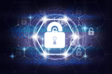 Security key lock icon digital display over the world map and Hexagon shape on dark blue background, business technology securities concept