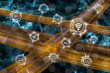 Wireless communication connecting of smart city Internet of Things Technology over Top view of...