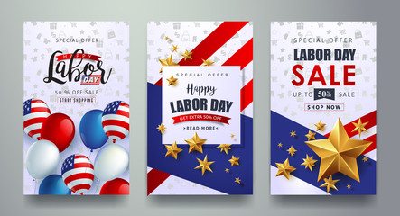 Labor day sale promotion advertising banner template decor with American flag balloons design .American labor day wallpaper.voucher discount.Vector illustration .