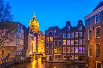 Amsterdam city at night in Netherlands