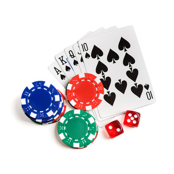 Casino red dice, play cards as roial flush  and chips isolated