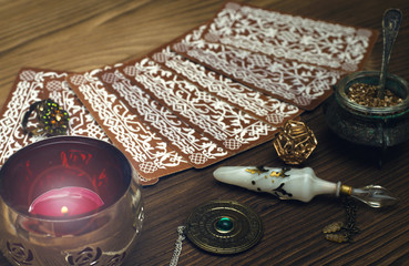 Tarot cards on fortune teller table. Divination. Witchcraft.