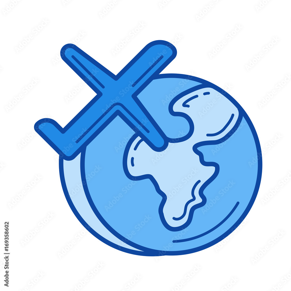 Poster global traveling vector line icon isolated on white background. global traveling line icon for infog