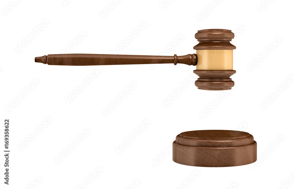 Poster 3d rendering of an isolated dark wood judge gavel and sound block.