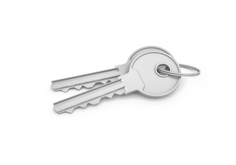 3d rendering of two isolated silver keys on a key ring