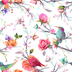 Vintage Seamless pattern: bird, butterfly and flower, leaf, branch, isolated on background. Imitation of embroidery, watercolor. Hand drawn vector illustration, separated editable elements.