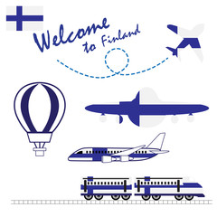 Finland flag, Finland, Travel to Finland. Visit to Finland with airplane, balloon, and train. Vector illustration.