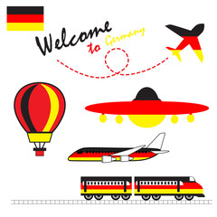 Obraz na płótnie Canvas Germany flag, Germany, Travel to Germany. Visit to Germany with airplane, balloon, and train. Vector illustration.