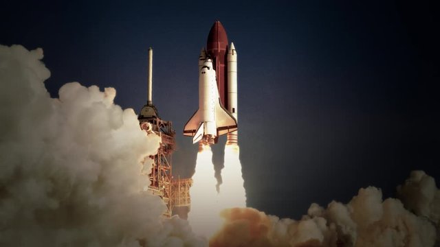 Space Shuttle launch in slow motion. (NASA logo removed) Elements furnished by NASA. Broadcast quality animation rendered at 16-bit color depth. 4K UHD.