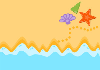 summer sand and sea concept, top view, start shell and footprint.