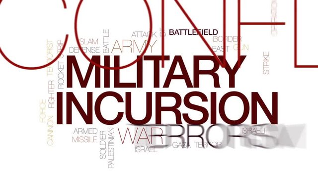 Military incursion word cloud animation on blue background