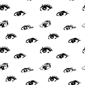 Seamless pattern with black eyes on white background in grunge style, real halftone print