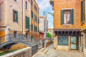 View of the most beautiful city in the word -  Venice, facade of houses, building.  Italy.