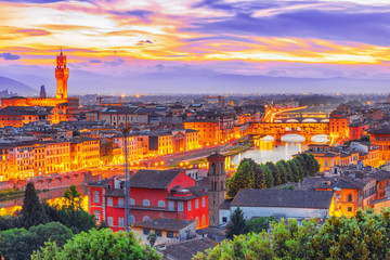 Naklejka na ściany i meble Beautiful landscape above, panorama on historical view of the Florence from Piazzale Michelangelo point. Night time.Italy.