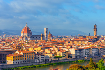 Beautiful landscape above, panorama on historical view of the Florence from  Piazzale Michelangelo point. Morning time.
