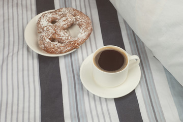Morning breakfast. Cozy. A cup of coffee with fresh bakery