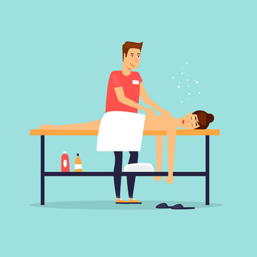 Woman relaxing on massage table. Male masseur.  Flat design vector illustration.