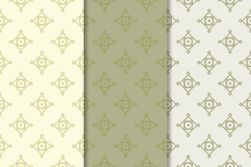 Geometric backgrounds. Set of olive green seamless patterns