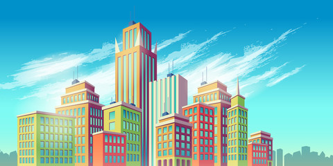 Vector cartoon illustration, banner, urban background with modern big city buildings, skyscrapers, business centers. City landscape. © vectorpocket