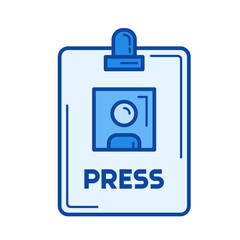 Press badge vector line icon isolated on white background. Press badge line icon for infographic, website or app. Blue icon designed on a grid system.