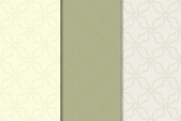 Geometric set of olive green seamless patterns for design