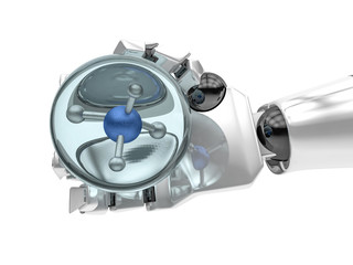 Robotic mechanical arm and ball with Methane Molecule. 3D rendering