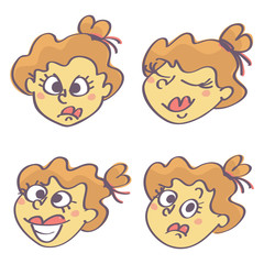 Set of four emoticon faces expressing different emotions, vector cartoon isolated on white background