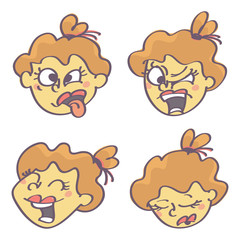 Funny vector cartoon collection of four girl emoticon faces expressing different feelings, isolated on white background