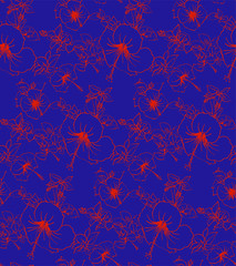 Obraz premium Floral seamless background pattern spring - summer season. Hibiscus flowers hand drawn.Vector illustration for textile, wrapping paper, wallpaper, сurtains .