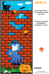 Halloween themed visual math puzzle: How many bricks it is needed to repair the wall? Answer included.
