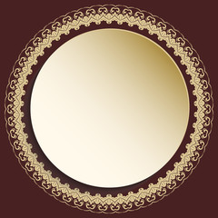 Round golden frame with floral elements and arabesques. Pattern with arabesques. Fine greeting card.