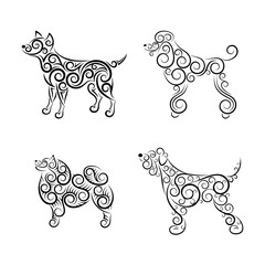 Set of 4 openwork dog silhouettes made of separate lines, spirals and swirls. Symbol of the year 2018. Black and white, easy to recolor. Vector illustration.
