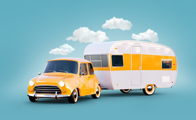 Retro car with white trailer. Unusual 3d illustration of a classic caravan. Camping and traveling...