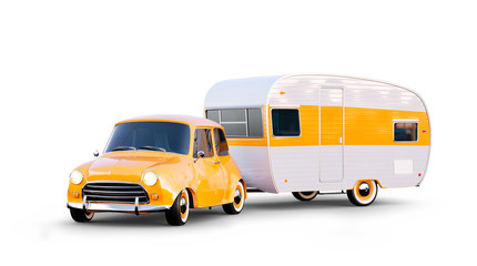 Retro car with white trailer. Unusual 3d illustration of a classic caravan. Camping and traveling concept - obrazy, fototapety, plakaty