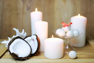Cokonut candy on wooden background