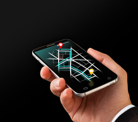 Closeup GPS Navigation on Smartphone. Using navigation mobile phone device concept
