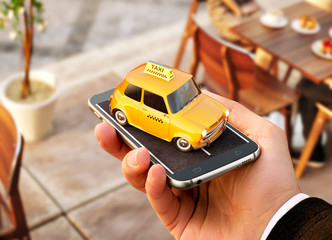 Smartphone application of taxi service for online searching calling and booking a cab. Unusual 3D illustration of taxi cab on smart phone in hand.