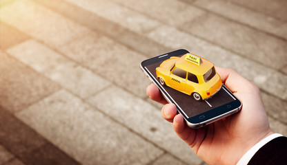 Smartphone application of taxi service for online searching calling and booking a cab. Unusual 3D illustration of taxi cab on smart phone in hand.