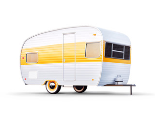 Retro trailer isolaten on white. Unusual 3d illustration of a classic caravan. Camping and traveling concept - obrazy, fototapety, plakaty