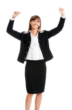 Happy gesturing businesswoman , on white