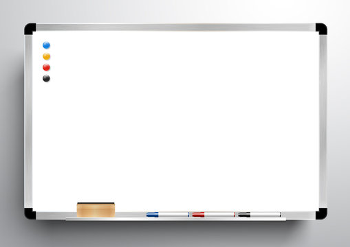 whiteboard background frame with eraser whiteboard, color marker and magnetic, vector illustration