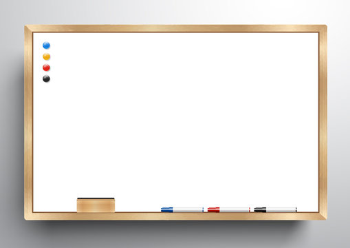 whiteboard wooden frame with eraser whiteboard, color marker and magnetic, vector illustration