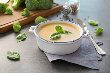 Broccoli cheddar soup in casserole on kitchen table